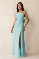 Spaghetti Strap Sheath Satin Bridesmaid Dress with Bow in Bleached Aqua - KISS BRIDAL Bridesmaid Dresses