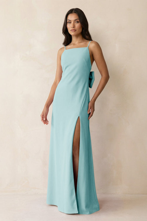 Spaghetti Strap Sheath Satin Bridesmaid Dress with Bow in Bleached Aqua - KISS BRIDAL Bridesmaid Dresses