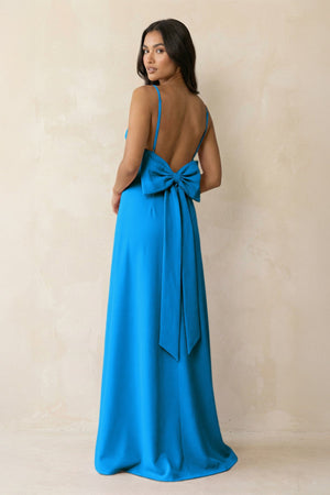 Spaghetti Strap Sheath Satin Bridesmaid Dress with Bow in Blue Jay - KISS BRIDAL Bridesmaid Dresses