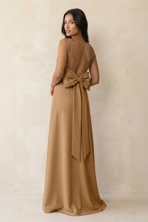 Spaghetti Strap Sheath Satin Bridesmaid Dress with Bow in Bronzer - KISS BRIDAL Bridesmaid Dresses