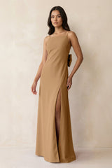 Spaghetti Strap Sheath Satin Bridesmaid Dress with Bow in Bronzer - KISS BRIDAL Bridesmaid Dresses