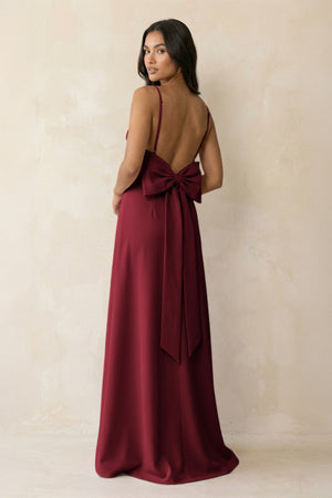 Spaghetti Strap Sheath Satin Bridesmaid Dress with Bow in Burgundy - KISS BRIDAL Bridesmaid Dresses