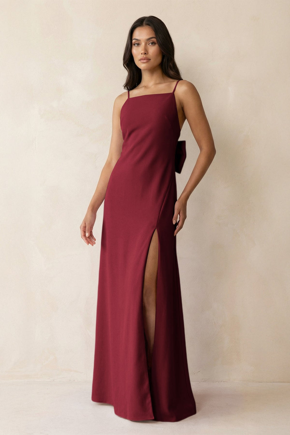 Spaghetti Strap Sheath Satin Bridesmaid Dress with Bow in Burgundy - KISS BRIDAL Bridesmaid Dresses