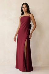 Spaghetti Strap Sheath Satin Bridesmaid Dress with Bow in Burgundy - KISS BRIDAL Bridesmaid Dresses