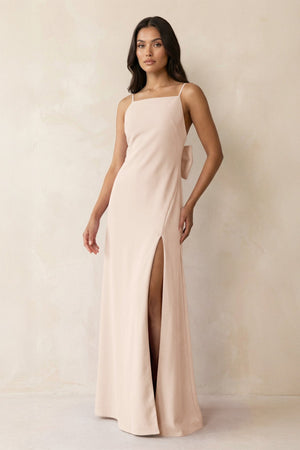Spaghetti Strap Sheath Satin Bridesmaid Dress with Bow in Buttercream - KISS BRIDAL Bridesmaid Dresses