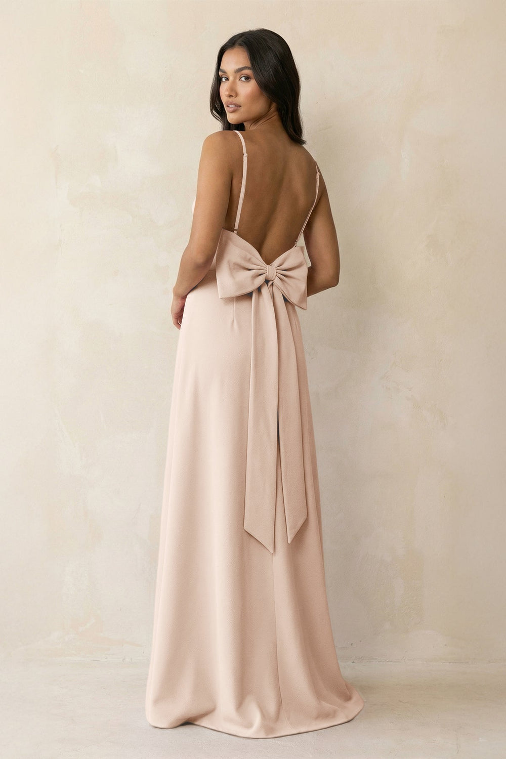 Spaghetti Strap Sheath Satin Bridesmaid Dress with Bow in Buttercream - KISS BRIDAL Bridesmaid Dresses