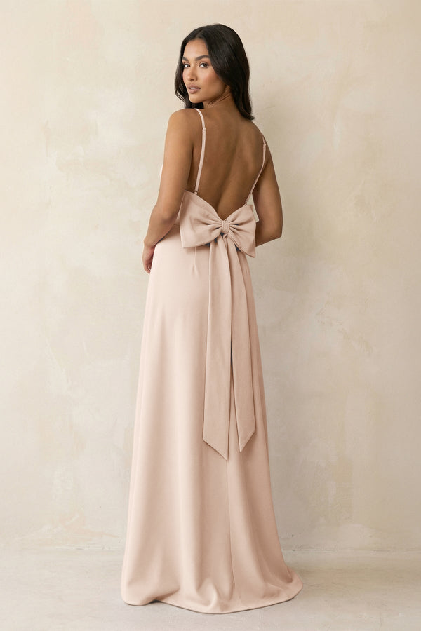Spaghetti Strap Sheath Satin Bridesmaid Dress with Bow in Buttercream - KISS BRIDAL Bridesmaid Dresses