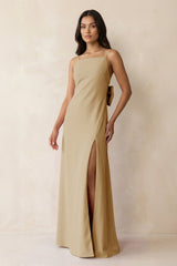 Spaghetti Strap Sheath Satin Bridesmaid Dress with Bow in Champagne - KISS BRIDAL Bridesmaid Dresses