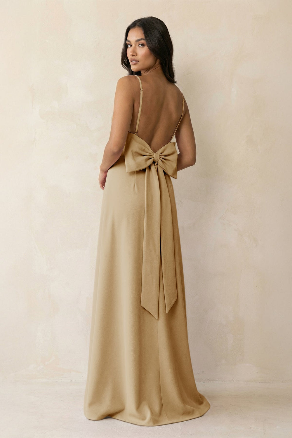 Spaghetti Strap Sheath Satin Bridesmaid Dress with Bow in Champagne - KISS BRIDAL Bridesmaid Dresses