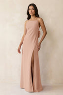 Spaghetti Strap Sheath Satin Bridesmaid Dress with Bow in Champagne Rose - KISS BRIDAL Bridesmaid Dresses