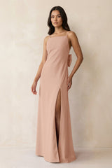 Spaghetti Strap Sheath Satin Bridesmaid Dress with Bow in Champagne Rose - KISS BRIDAL Bridesmaid Dresses