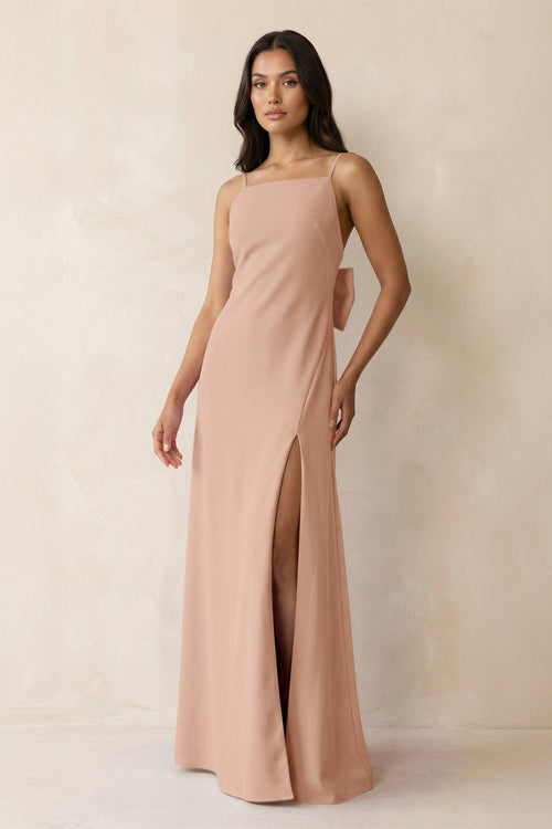 Spaghetti Strap Sheath Satin Bridesmaid Dress with Bow in Champagne Rose - KISS BRIDAL Bridesmaid Dresses