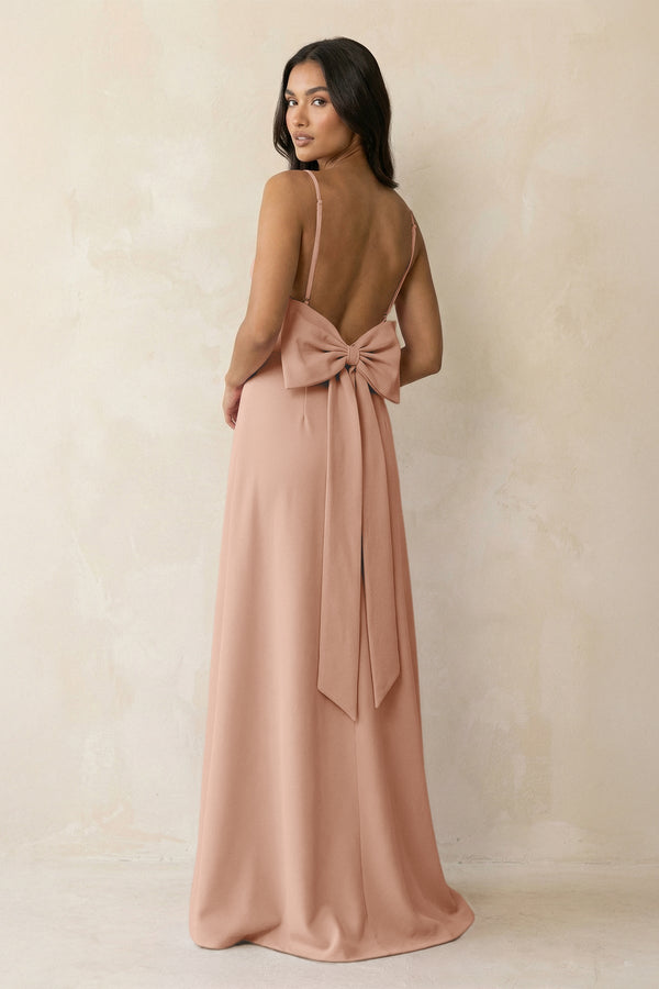 Spaghetti Strap Sheath Satin Bridesmaid Dress with Bow in Champagne Rose - KISS BRIDAL Bridesmaid Dresses