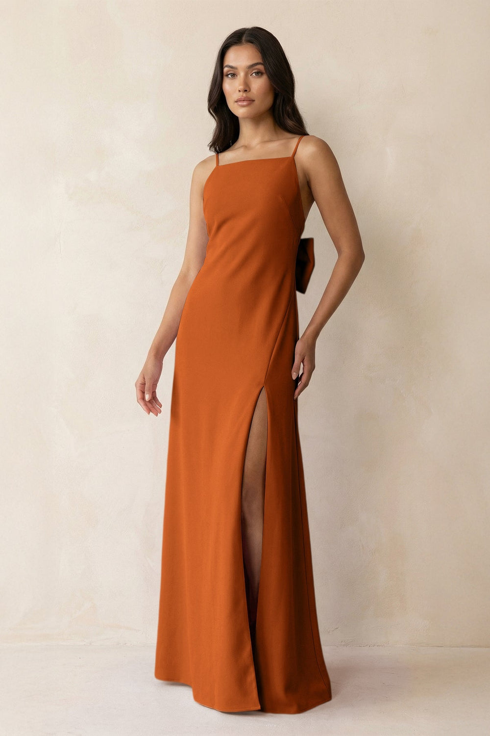 Spaghetti Strap Sheath Satin Bridesmaid Dress with Bow in Cinnamon - KISS BRIDAL Bridesmaid Dresses
