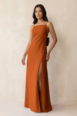 Spaghetti Strap Sheath Satin Bridesmaid Dress with Bow in Cinnamon - KISS BRIDAL Bridesmaid Dresses