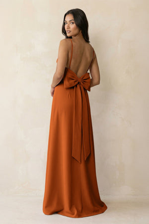 Spaghetti Strap Sheath Satin Bridesmaid Dress with Bow in Cinnamon - KISS BRIDAL Bridesmaid Dresses