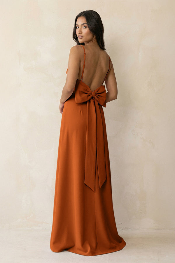 Spaghetti Strap Sheath Satin Bridesmaid Dress with Bow in Cinnamon - KISS BRIDAL Bridesmaid Dresses