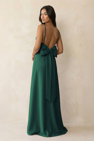 Spaghetti Strap Sheath Satin Bridesmaid Dress with Bow in Dark Green - KISS BRIDAL Bridesmaid Dresses
