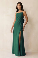 Spaghetti Strap Sheath Satin Bridesmaid Dress with Bow in Dark Green - KISS BRIDAL Bridesmaid Dresses