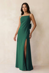 Spaghetti Strap Sheath Satin Bridesmaid Dress with Bow in Dark Green - KISS BRIDAL Bridesmaid Dresses
