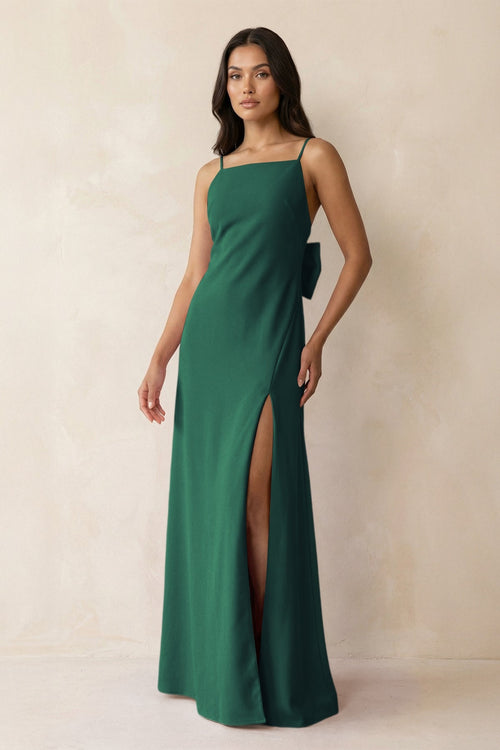 Spaghetti Strap Sheath Satin Bridesmaid Dress with Bow in Dark Green - KISS BRIDAL Bridesmaid Dresses