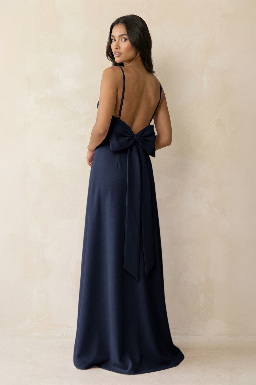Spaghetti Strap Sheath Satin Bridesmaid Dress with Bow in Dark Navy - SHE IS ME Bridesmaid Dresses