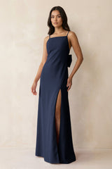 Spaghetti Strap Sheath Satin Bridesmaid Dress with Bow in Dark Navy - KISS BRIDAL Bridesmaid Dresses