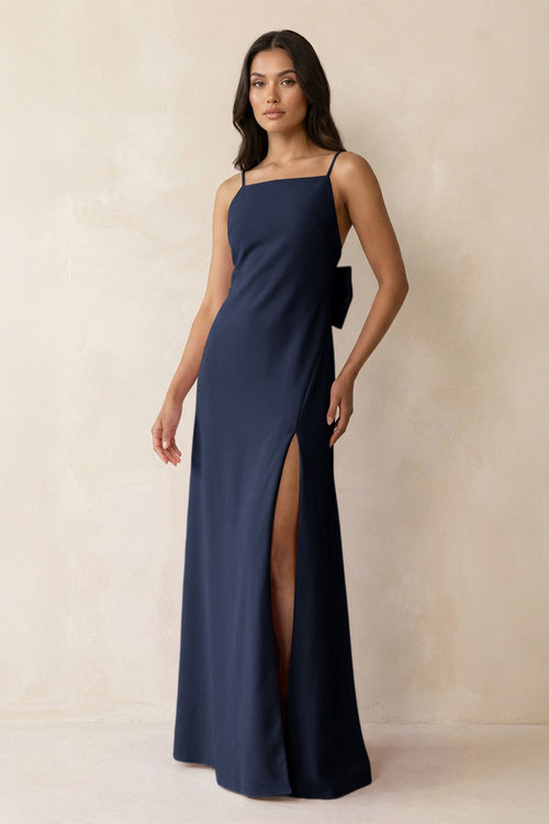 Spaghetti Strap Sheath Satin Bridesmaid Dress with Bow in Dark Navy - KISS BRIDAL Bridesmaid Dresses