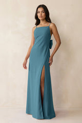 Spaghetti Strap Sheath Satin Bridesmaid Dress with Bow in Dark Teal - KISS BRIDAL Bridesmaid Dresses