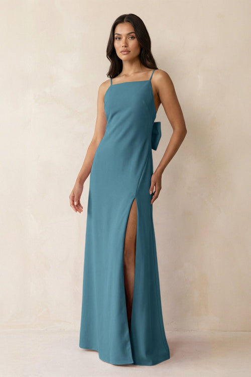 Spaghetti Strap Sheath Satin Bridesmaid Dress with Bow in Dark Teal - KISS BRIDAL Bridesmaid Dresses