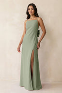 Spaghetti Strap Sheath Satin Bridesmaid Dress with Bow in Dove Gray - KISS BRIDAL Bridesmaid Dresses