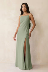 Spaghetti Strap Sheath Satin Bridesmaid Dress with Bow in Dove Gray - KISS BRIDAL Bridesmaid Dresses