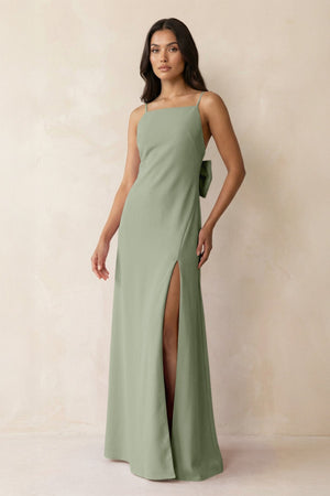 Spaghetti Strap Sheath Satin Bridesmaid Dress with Bow in Dove Gray - KISS BRIDAL Bridesmaid Dresses