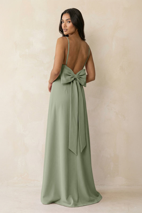 Spaghetti Strap Sheath Satin Bridesmaid Dress with Bow in Dove Gray - KISS BRIDAL Bridesmaid Dresses
