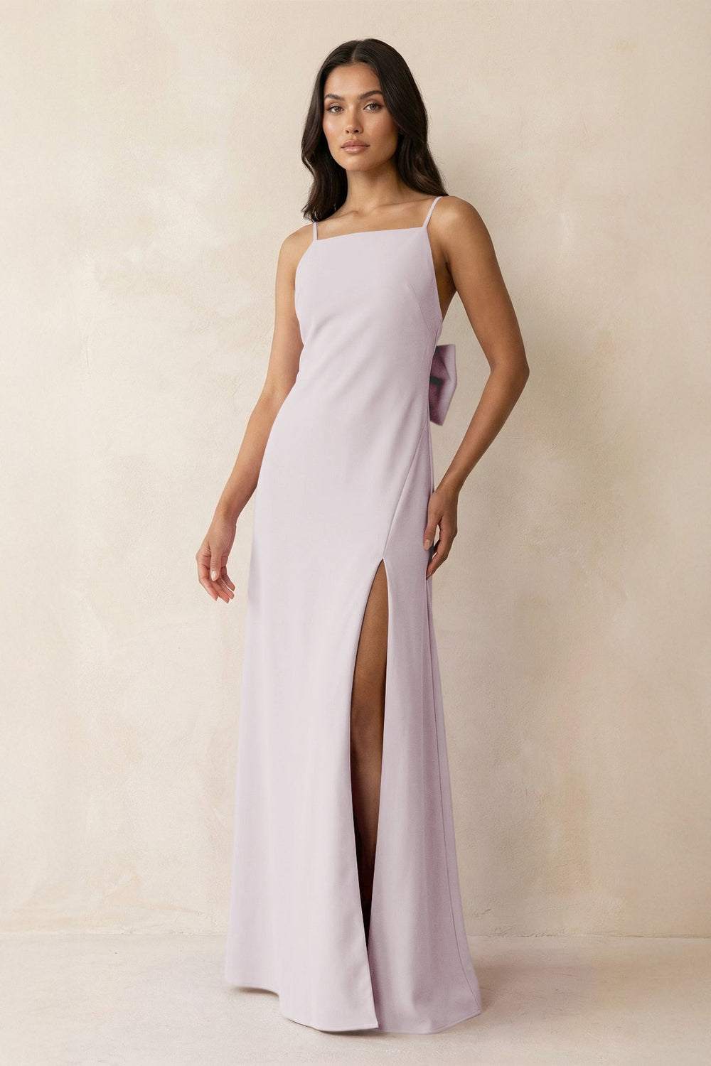 Spaghetti Strap Sheath Satin Bridesmaid Dress with Bow in Dusk - SHE IS ME Bridesmaid Dresses