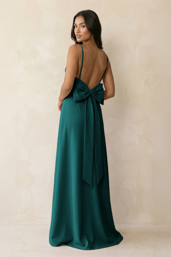 Spaghetti Strap Sheath Satin Bridesmaid Dress with Bow in Emerald - KISS BRIDAL Bridesmaid Dresses