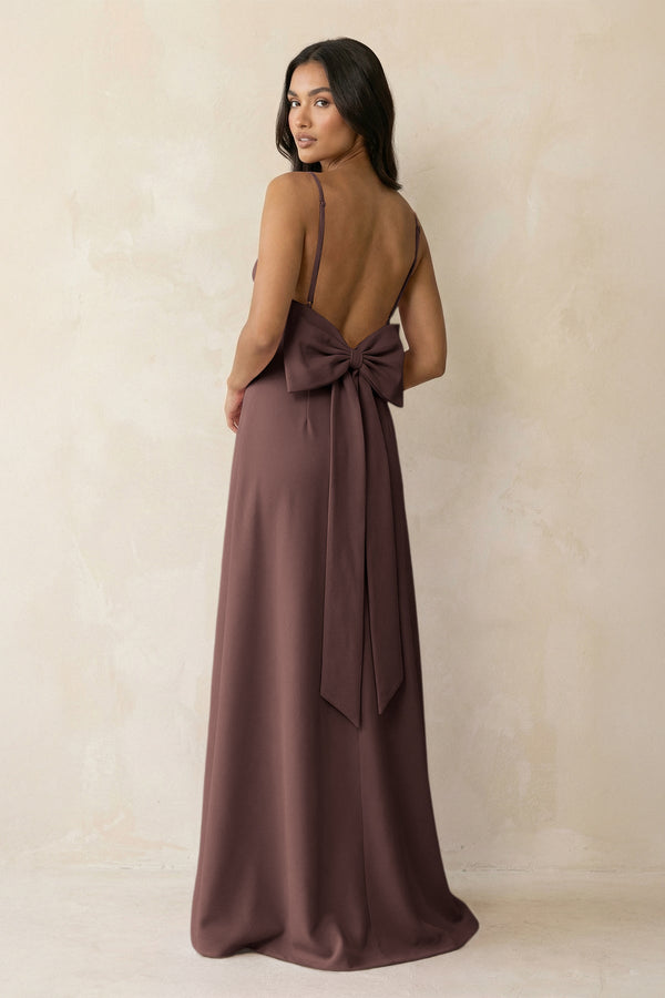 Spaghetti Strap Sheath Satin Bridesmaid Dress with Bow in Espresso - KISS BRIDAL Bridesmaid Dresses