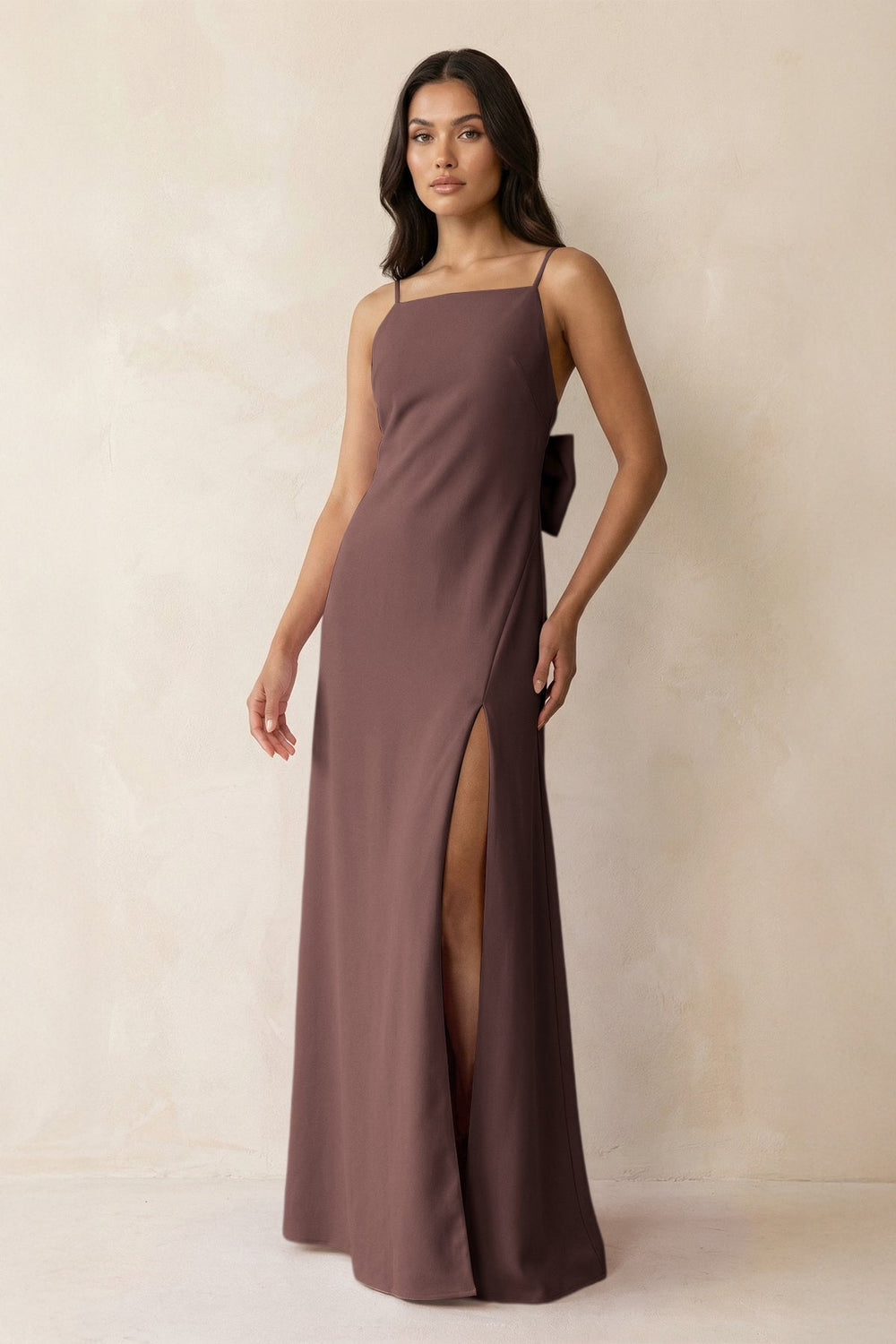 Spaghetti Strap Sheath Satin Bridesmaid Dress with Bow in Espresso - SHE IS ME Bridesmaid Dresses
