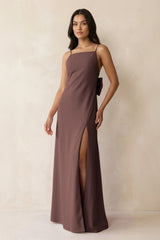 Spaghetti Strap Sheath Satin Bridesmaid Dress with Bow in Espresso - KISS BRIDAL Bridesmaid Dresses