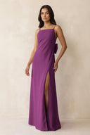 Spaghetti Strap Sheath Satin Bridesmaid Dress with Bow in Fig - KISS BRIDAL Bridesmaid Dresses