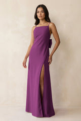 Spaghetti Strap Sheath Satin Bridesmaid Dress with Bow in Fig - KISS BRIDAL Bridesmaid Dresses