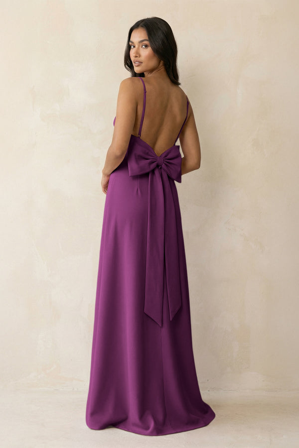 Spaghetti Strap Sheath Satin Bridesmaid Dress with Bow in Fig - KISS BRIDAL Bridesmaid Dresses