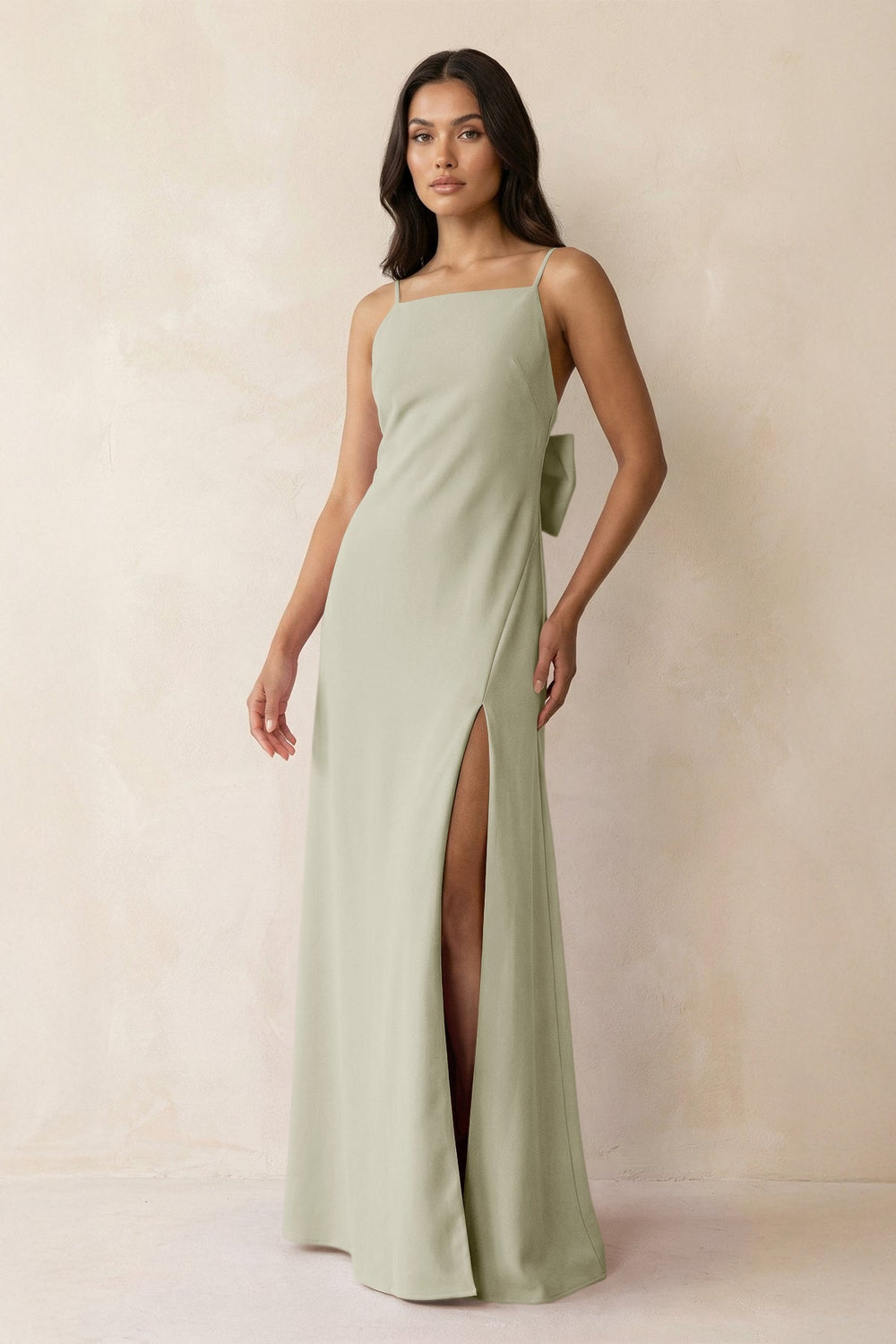 Spaghetti Strap Sheath Satin Bridesmaid Dress with Bow in Frost - SHE IS ME Bridesmaid Dresses