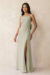 Spaghetti Strap Sheath Satin Bridesmaid Dress with Bow in Frost - KISS BRIDAL Bridesmaid Dresses