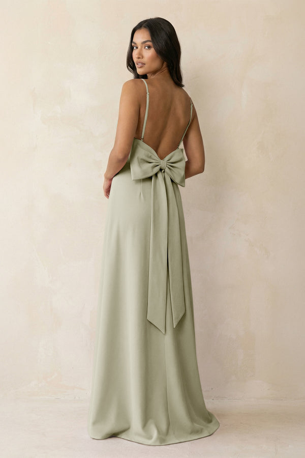 Spaghetti Strap Sheath Satin Bridesmaid Dress with Bow in Frost - KISS BRIDAL Bridesmaid Dresses