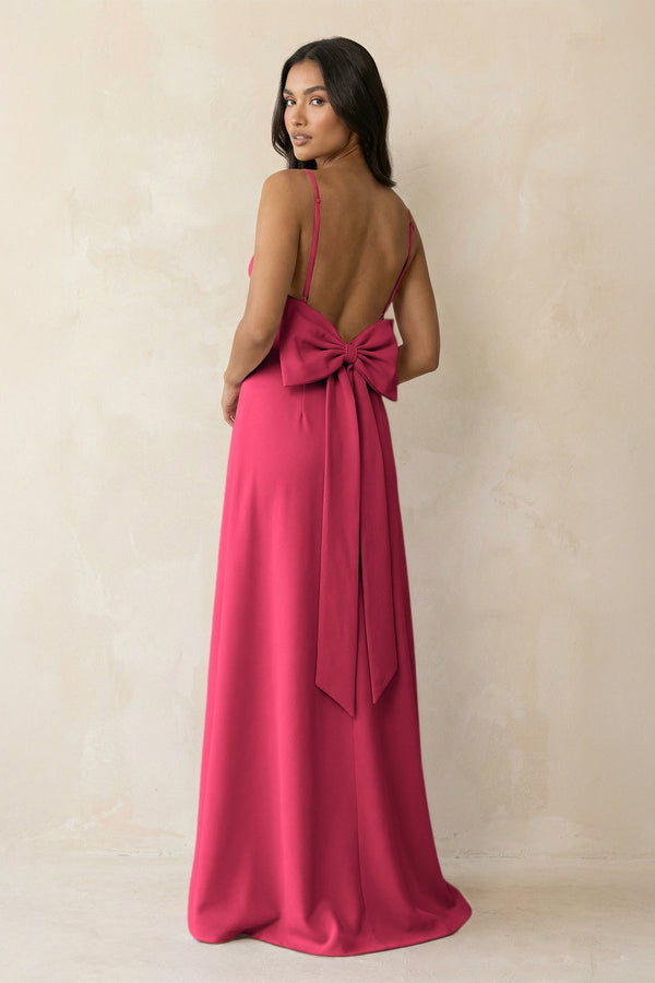 Spaghetti Strap Sheath Satin Bridesmaid Dress with Bow in Fuchsia - KISS BRIDAL Bridesmaid Dresses