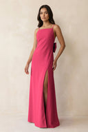 Spaghetti Strap Sheath Satin Bridesmaid Dress with Bow in Fuchsia - KISS BRIDAL Bridesmaid Dresses