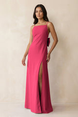 Spaghetti Strap Sheath Satin Bridesmaid Dress with Bow in Fuchsia - KISS BRIDAL Bridesmaid Dresses