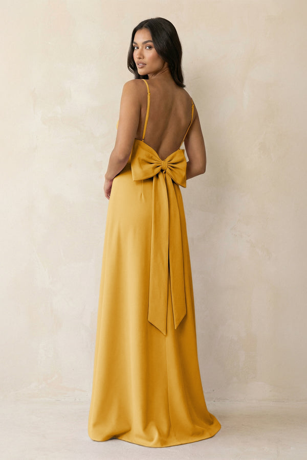 Spaghetti Strap Sheath Satin Bridesmaid Dress with Bow in Gold - KISS BRIDAL Bridesmaid Dresses