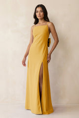 Spaghetti Strap Sheath Satin Bridesmaid Dress with Bow in Gold - KISS BRIDAL Bridesmaid Dresses